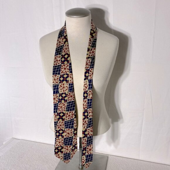 Vintage Boss Hugo Boss Navy Yellow Red Abstract Square Print 100% Silk Tie - Picture 1 of 9